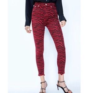 Zara | Red Black Zebra Animal Print High Waist Jeans Distress Hem 6